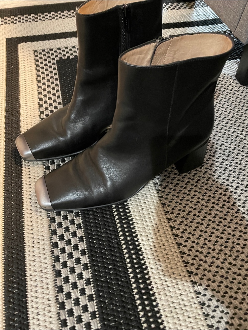 Black Leather Ankle Boots with Silver Toe Cap made in Italy
